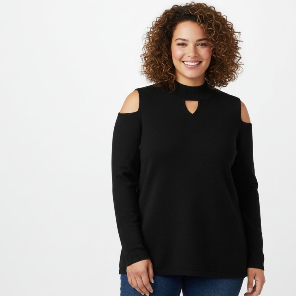 Susan Graver size 2X Black Cold Shoulder Soft Stretch Relaxed Knit Sweater